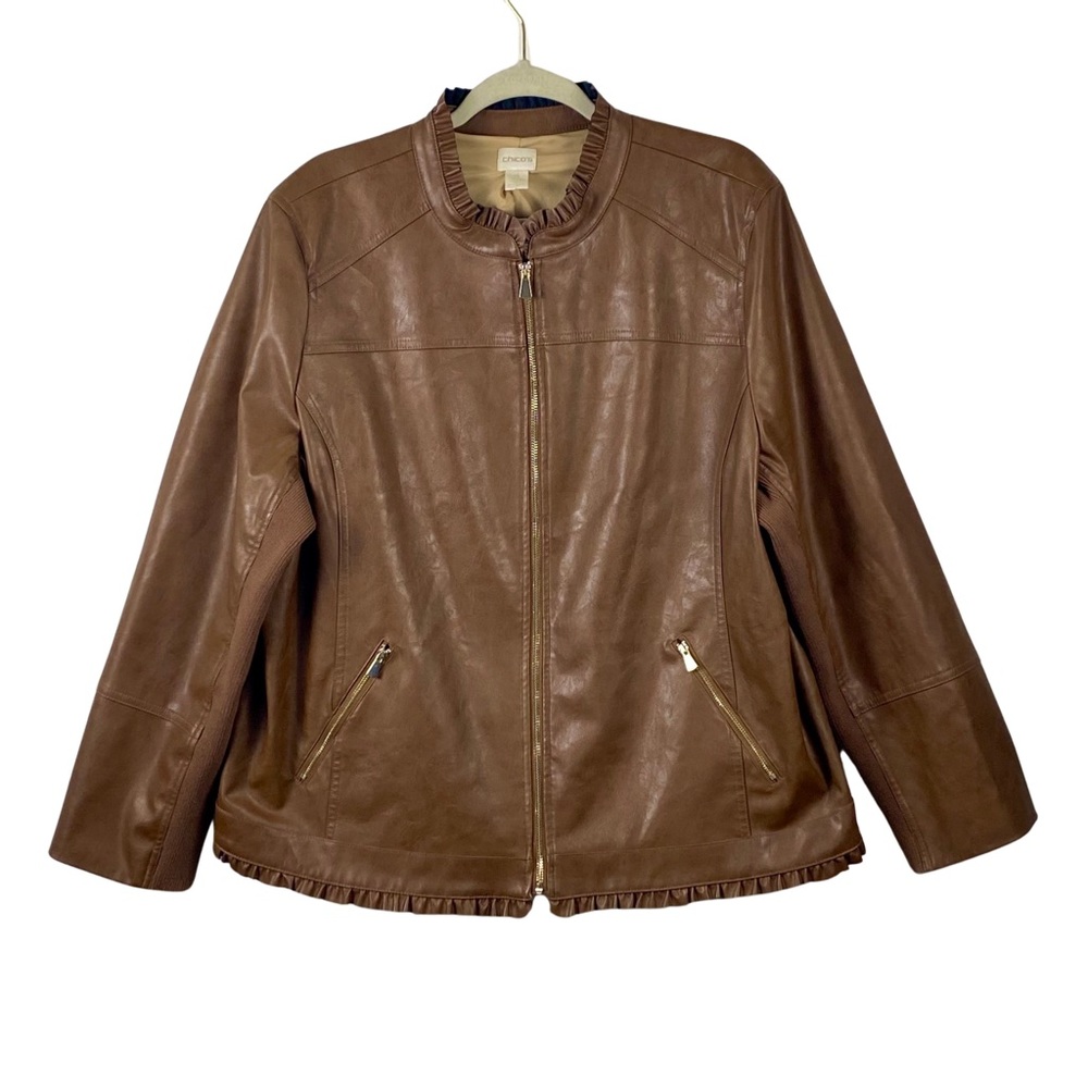 Chico’s Faux Leather Moto Jacket Brown Ruffle Trim Zip Up Size 4